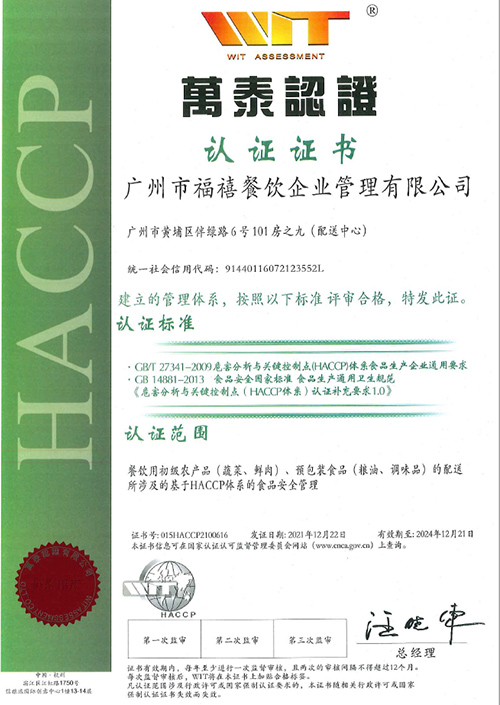 HACCP認證證書-萬泰認證